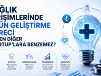 Sağlık Girişimlerinde Ürün Geliştirme Süreci Neden Diğer Startup'lara Benzemez? Sağlık girişimlerinde ürün geliştirme sürecini anlatan, regülasyon, klinik doğrulama ve sağlık teknolojileri temalı görsel